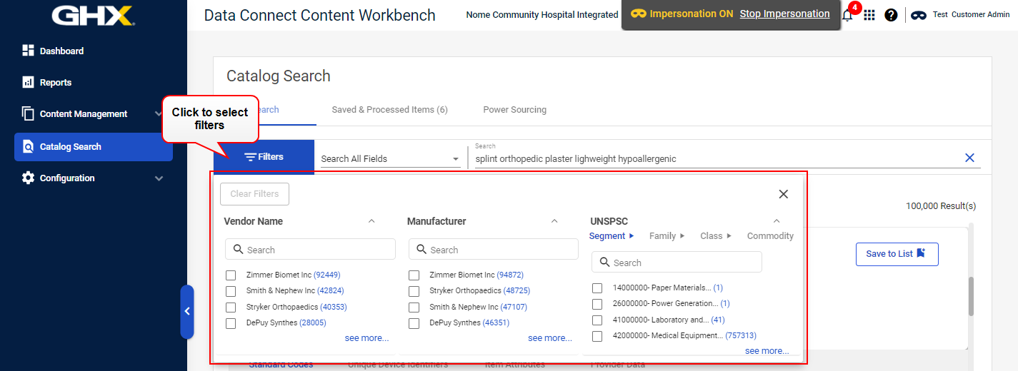Catalog Search Filters page