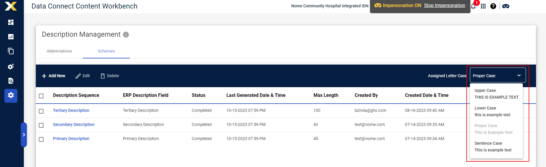 Manage Item Descriptions Schema tab